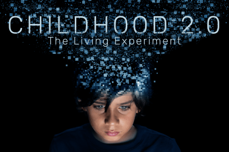 A kid with blue pixels bursting from his head and CHILDHOOD 2.0 across the image